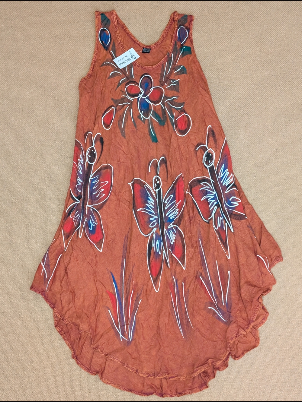 Bohemian Sleeveless Flowy Summer Dress Butterfly Design Rayon Boho Beach Style